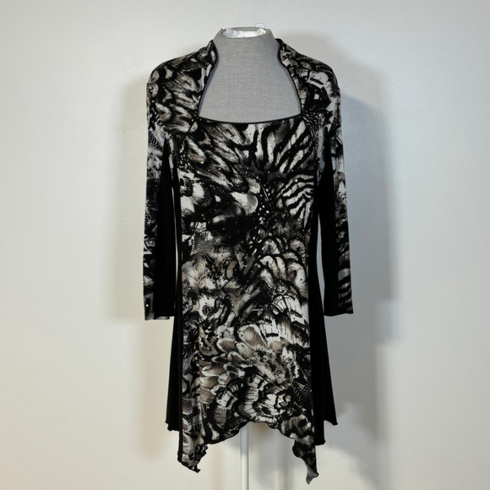 Joseph Ribkoff Dress Women’s 14 Black White Sparkles Midi Asymmetric Floral